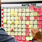 **

*   **Prompt:** Organized desk with Eisenhower Matrix (Important/Urgent quadrants) visible on a whiteboard. A person is strategically placing sticky notes representing tasks. Soft, focused lighting, warm color palette. Concept: Efficient time management.

**