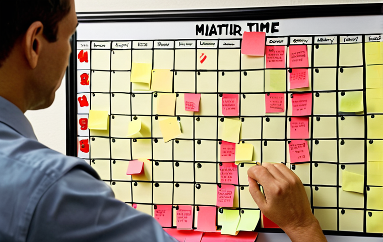 **

*   **Prompt:** Organized desk with Eisenhower Matrix (Important/Urgent quadrants) visible on a whiteboard. A person is strategically placing sticky notes representing tasks. Soft, focused lighting, warm color palette. Concept: Efficient time management.

**