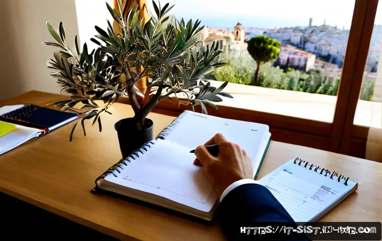 지속가능한 성취와 인사이트의 중요성 - Photorealistic Italian professional in a bright home office overlooking a Mediterranean city, calmly...